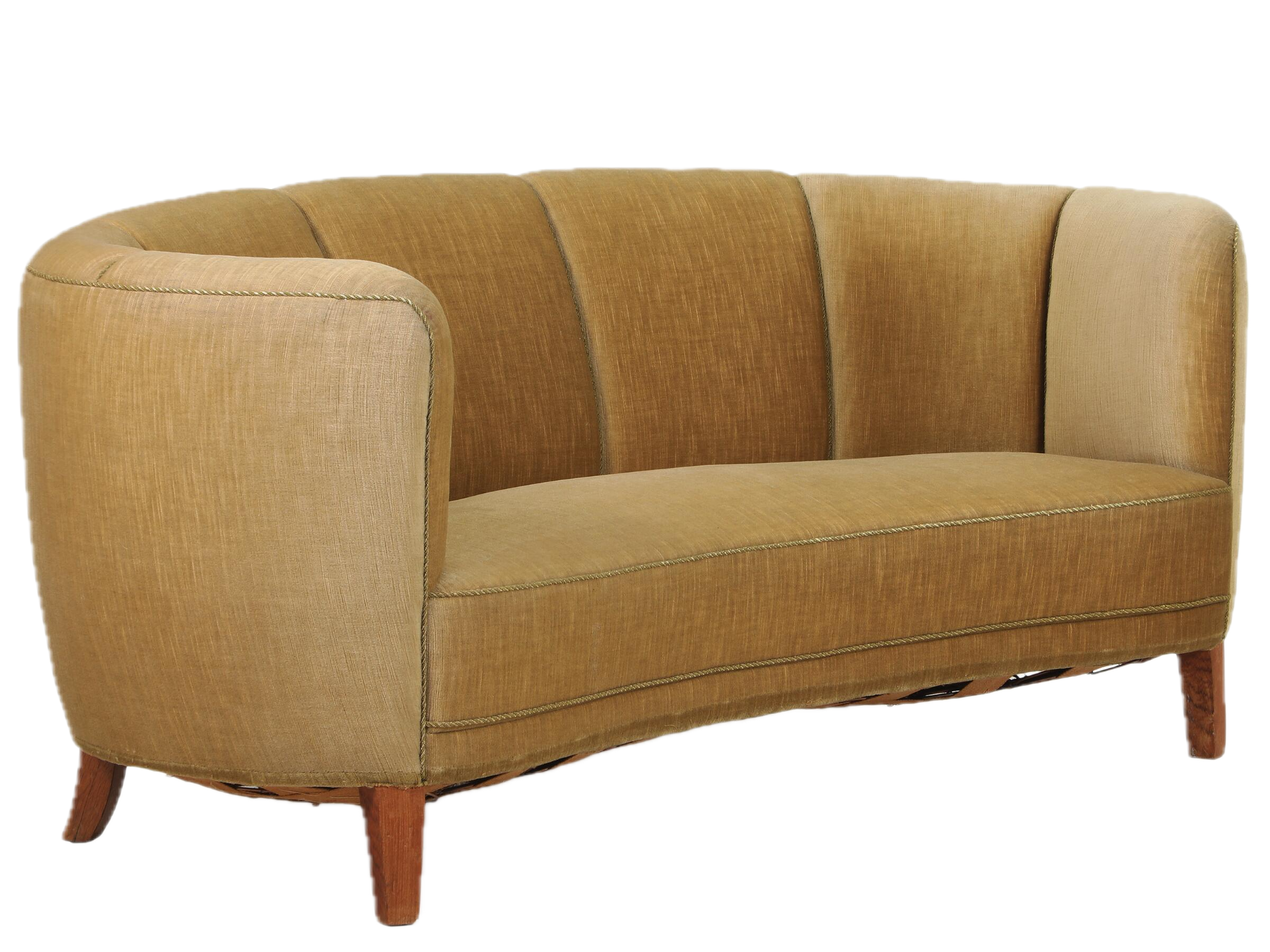 1940s Danish : classic channel back curved 30seat sofa, velvet