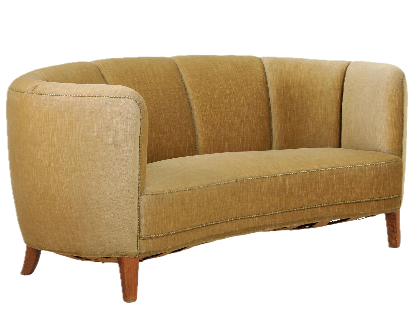 1940s Danish : classic channel back curved 30seat sofa, velvet