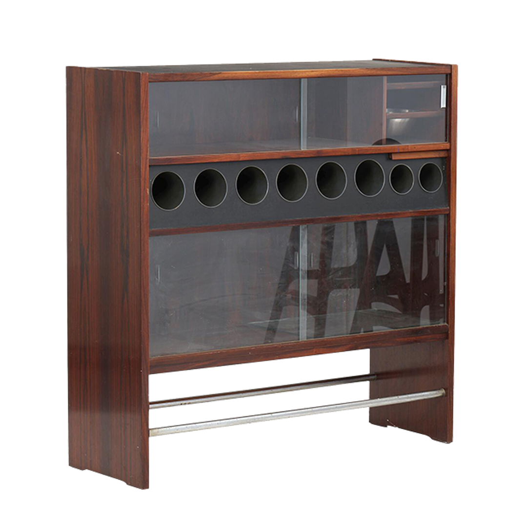 1960s Heltborg & Buck : standing rosewood bar cabinet with matching stools