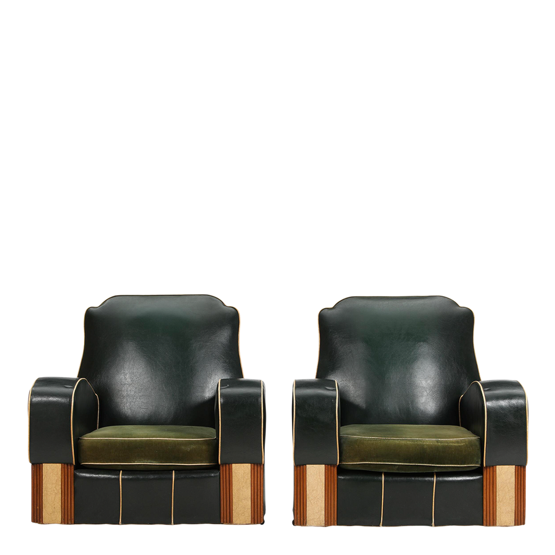 1950s French : pair Art Deco Revival green leatherette lounge chairs