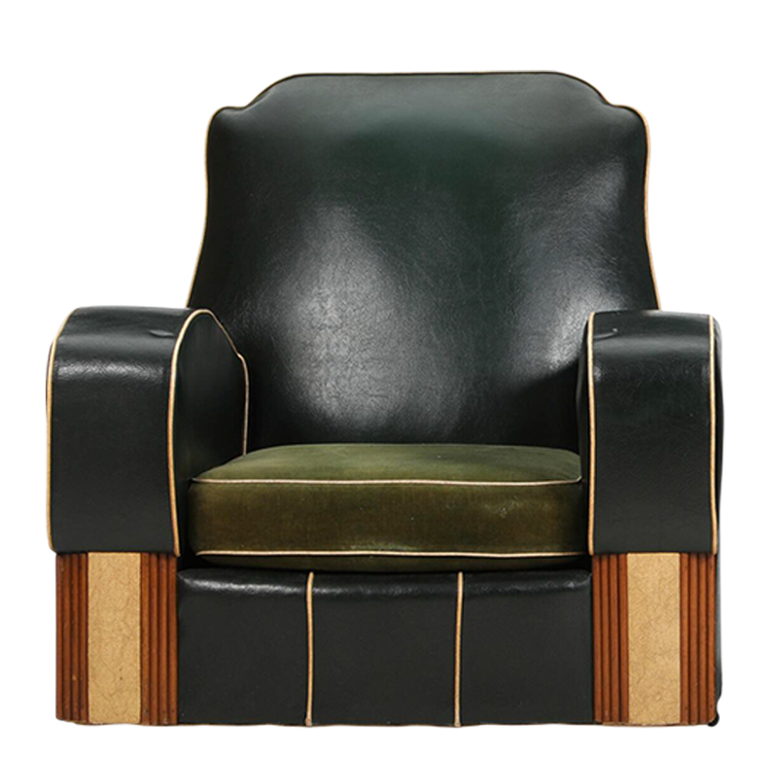 1950s French : pair Art Deco Revival green leatherette lounge chairs