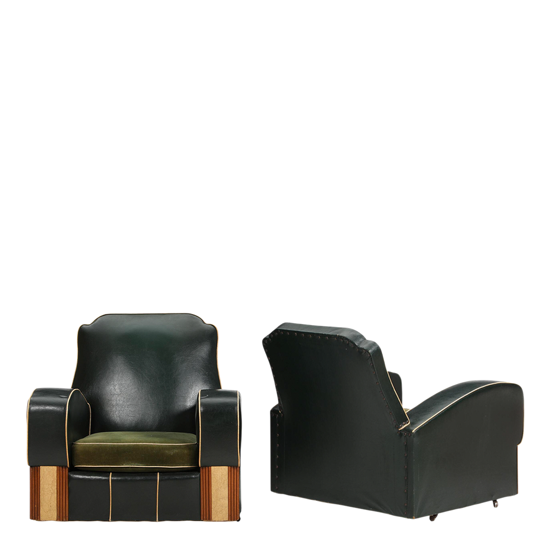 1950s French : pair Art Deco Revival green leatherette lounge chairs