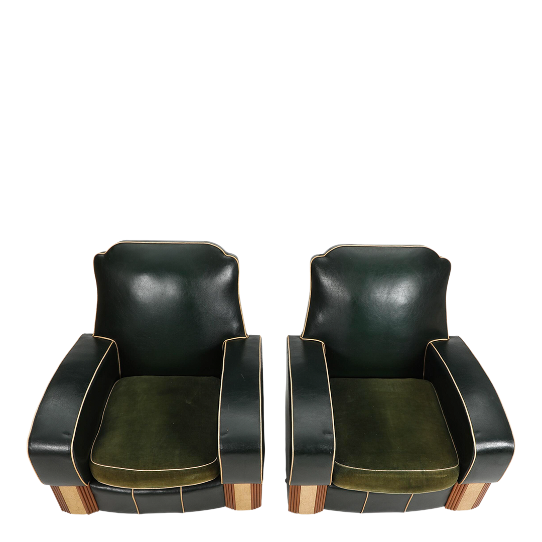 1950s French : pair Art Deco Revival green leatherette lounge chairs