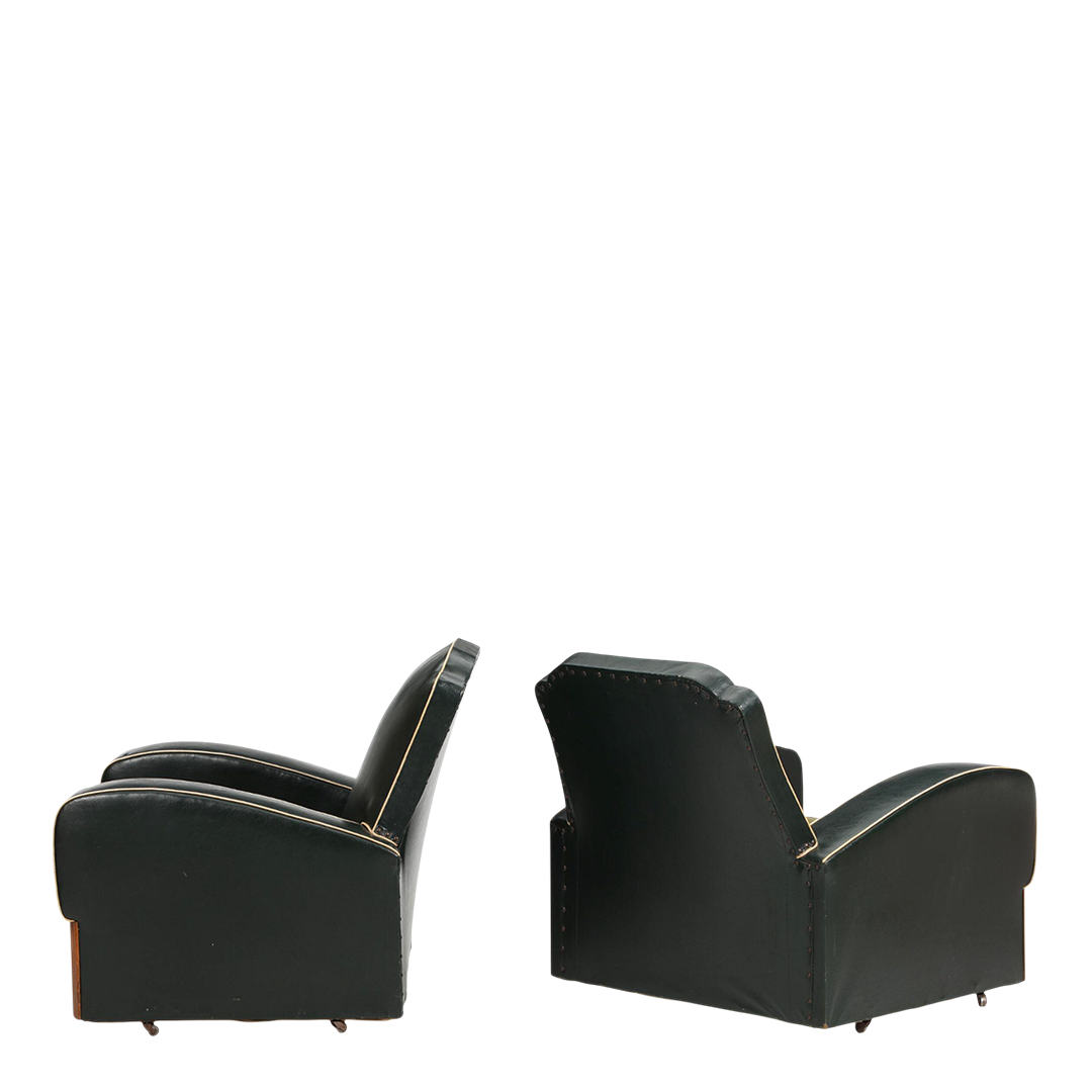 1950s French : pair Art Deco Revival green leatherette lounge chairs