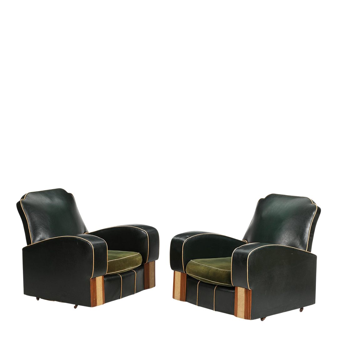 1950s French : pair Art Deco Revival green leatherette lounge chairs