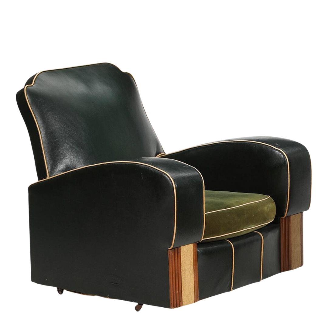 1950s French : pair Art Deco Revival green leatherette lounge chairs
