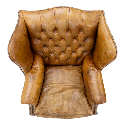 Pair English 20thc : George II style tufted leather wingchairs