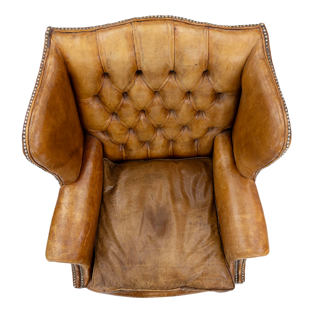 Pair English 20thc : George II style tufted leather wingchairs
