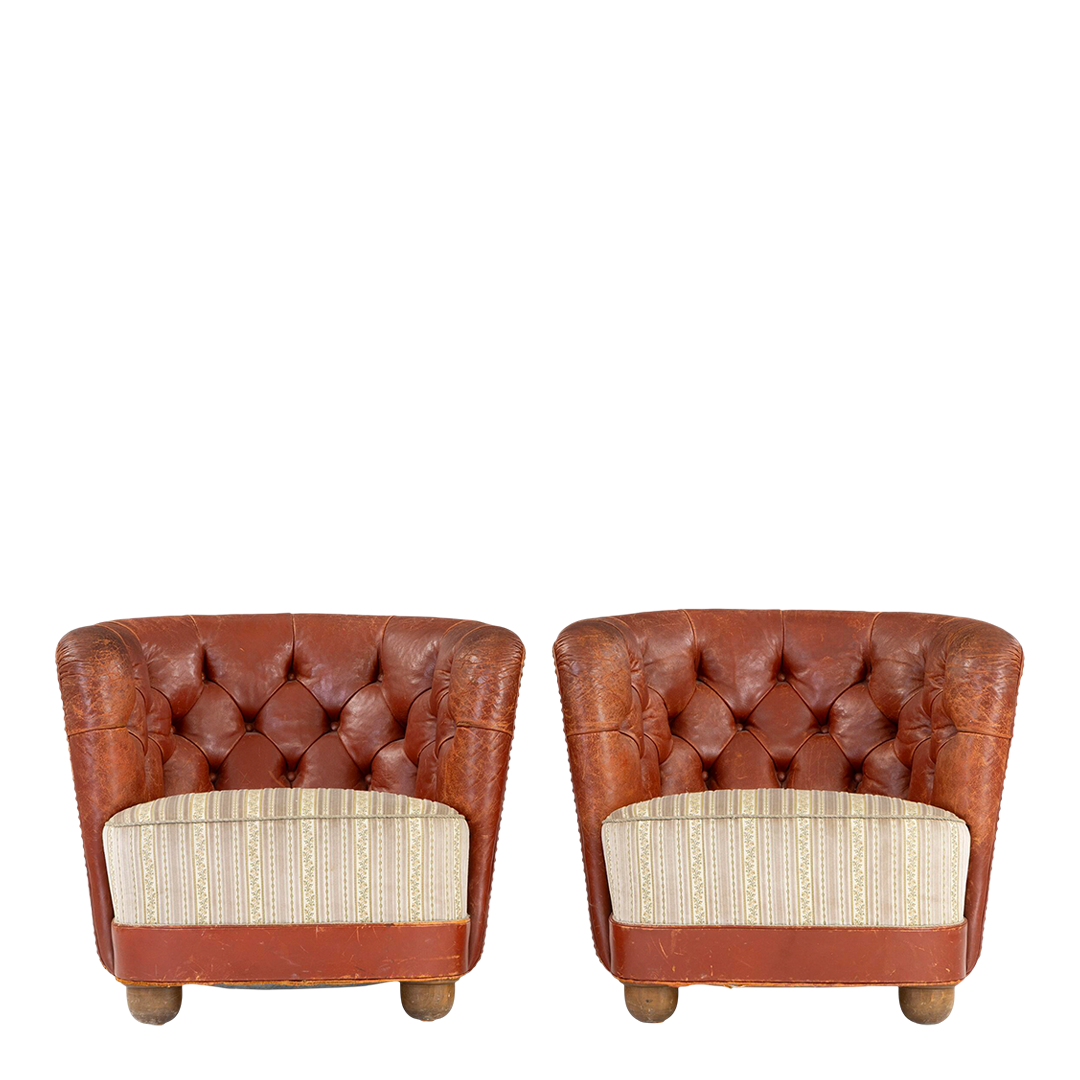 1930s Danish : pair of exceptional leather tufted club chairs
