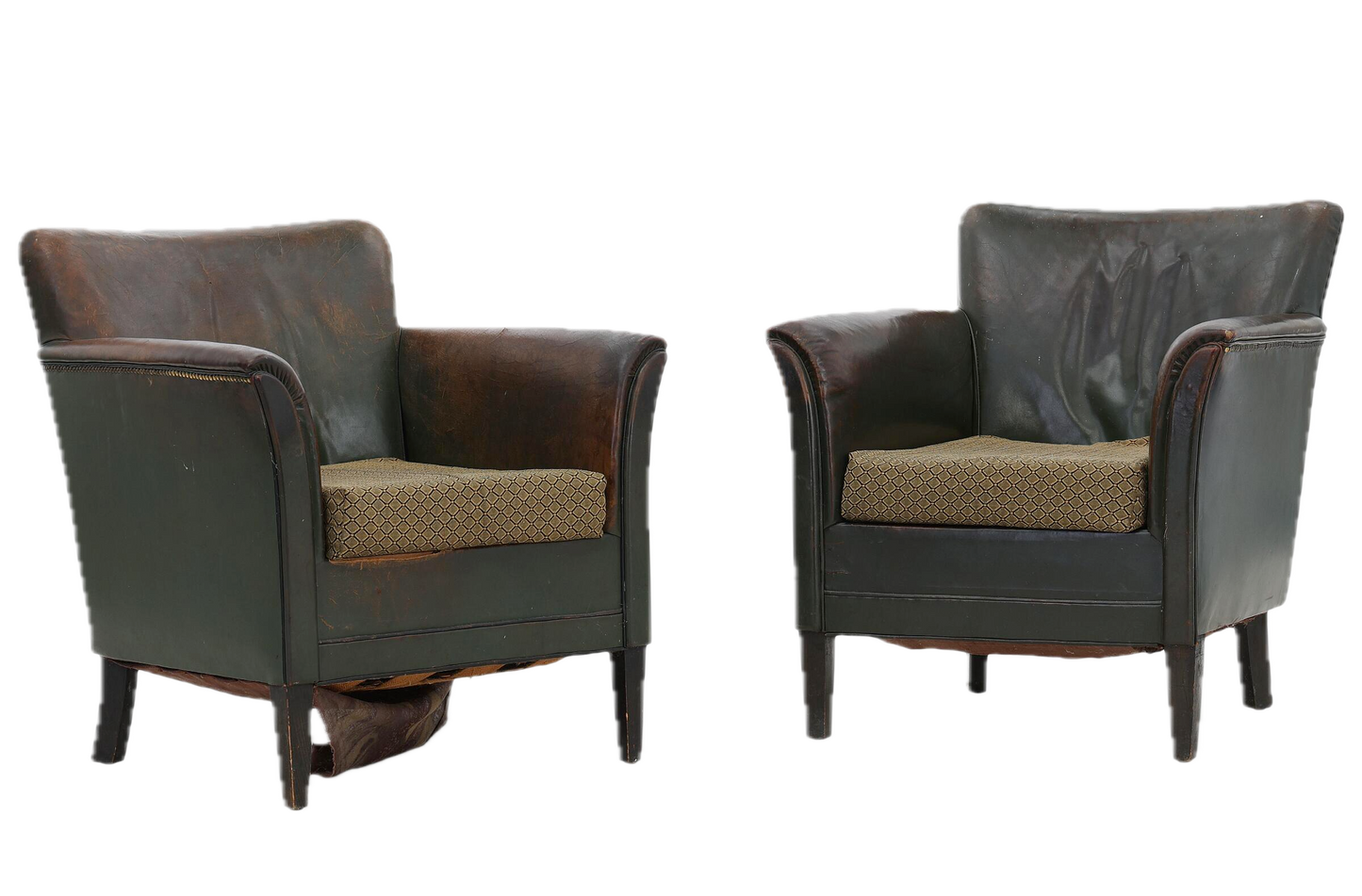 1930s Danish : pair classic diminutive club chairs in green leather