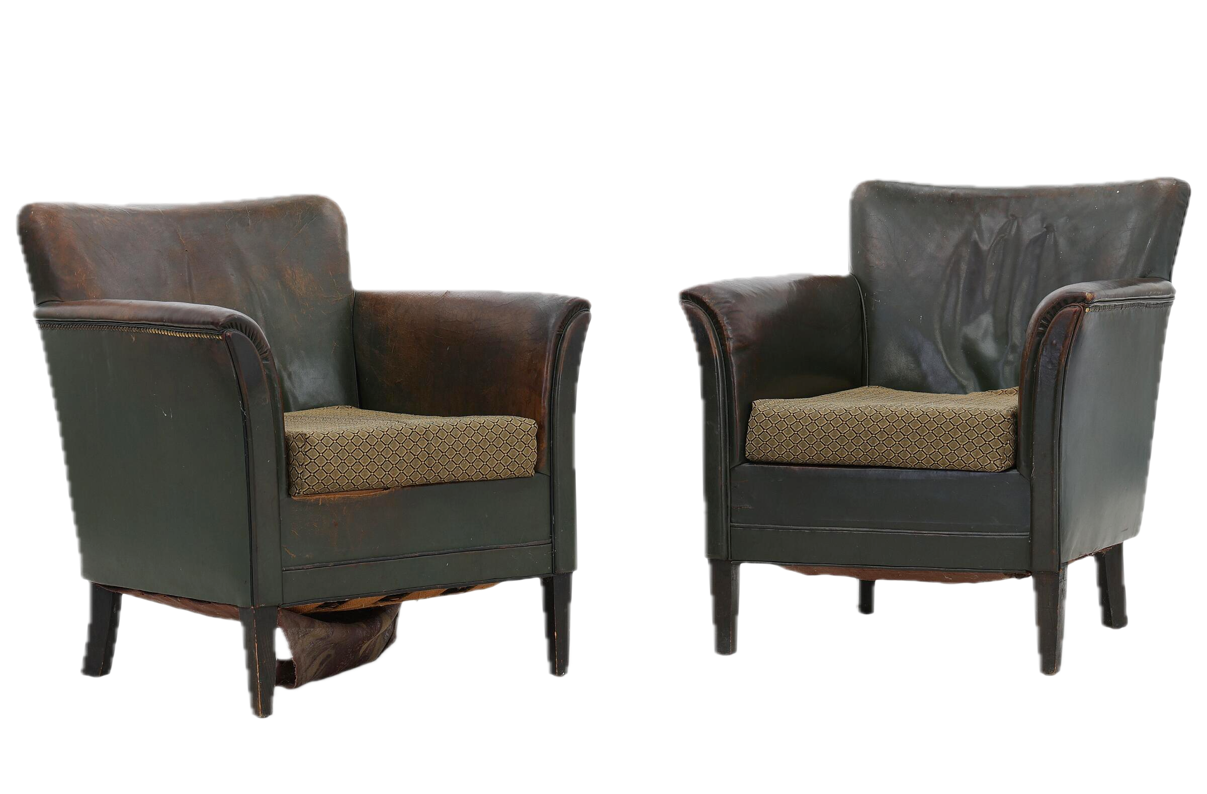 1930s Danish : pair classic diminutive club chairs in green leather