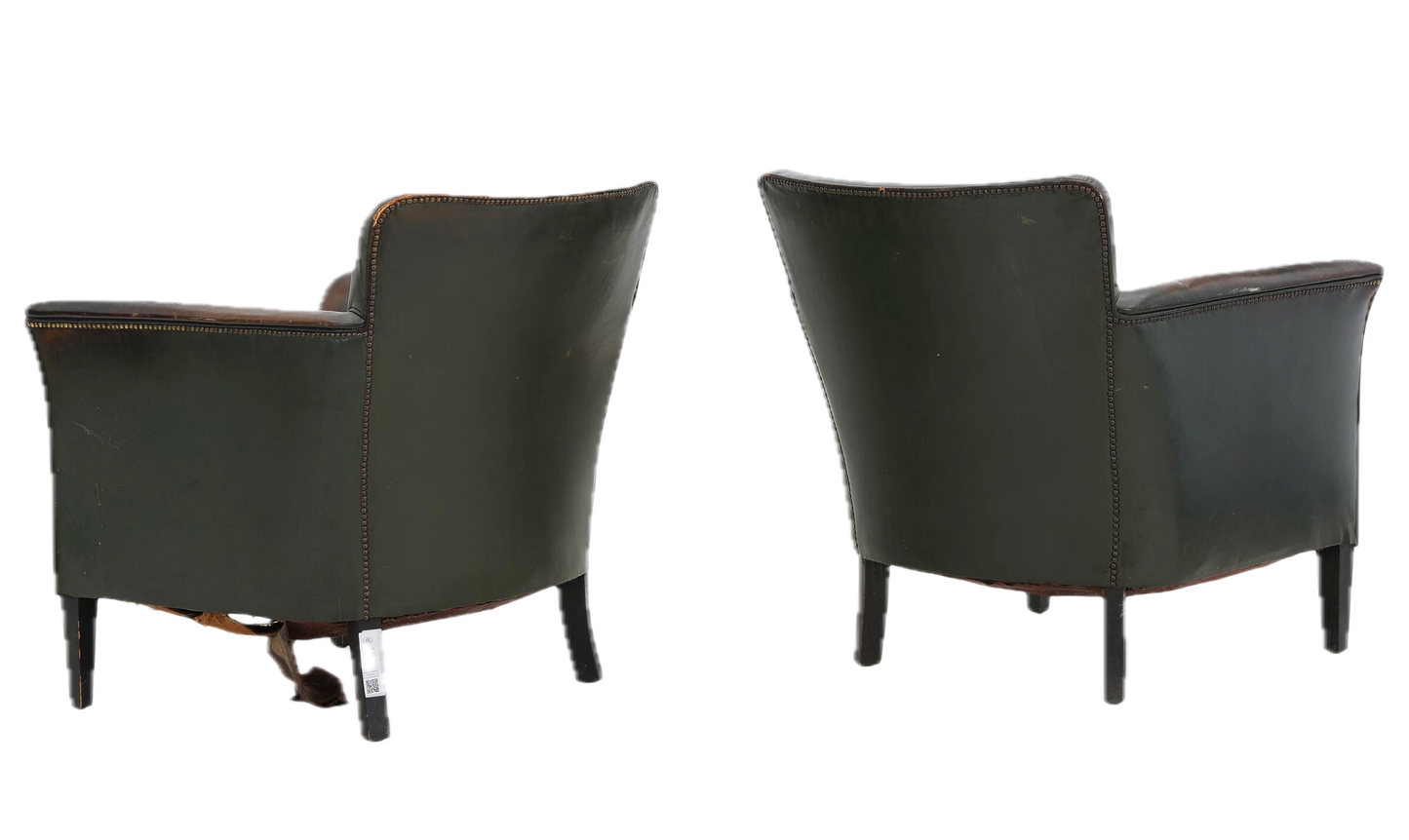 1930s Danish : pair classic diminutive club chairs in green leather