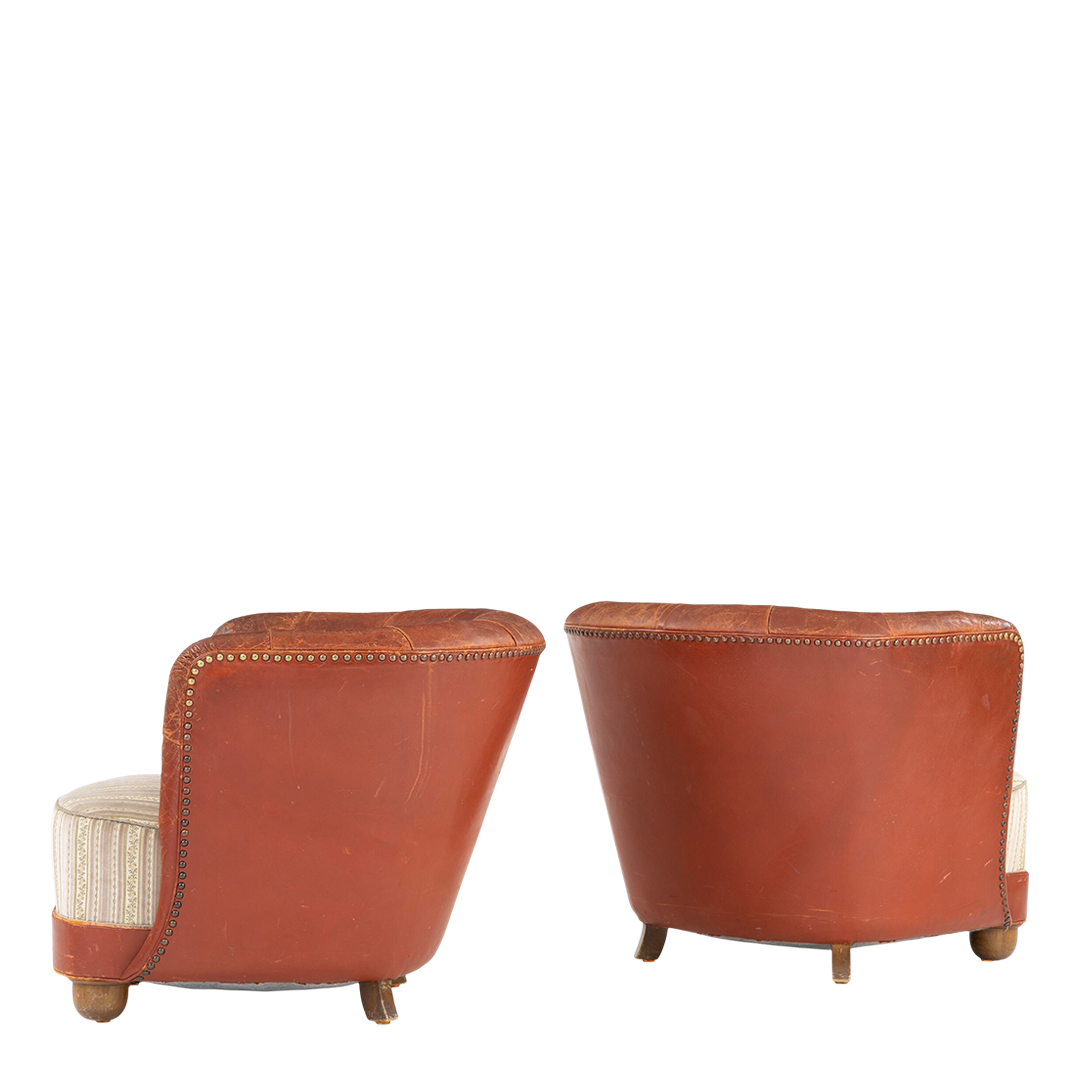 1930s Danish : pair of exceptional leather tufted club chairs