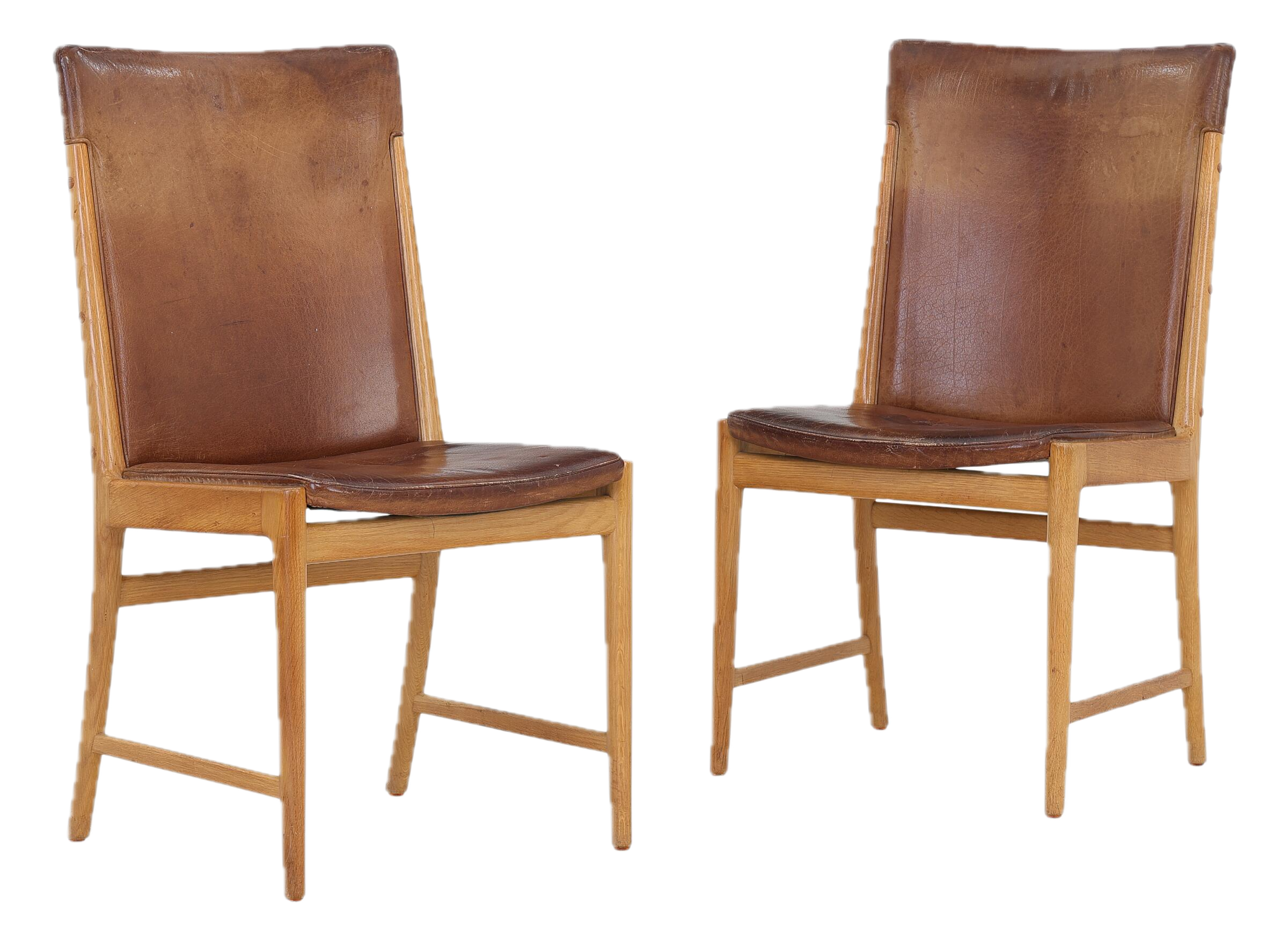1965 Kai Lyngfeldt Larsen : cognac leather over tapered oakwood side chair, Denmark