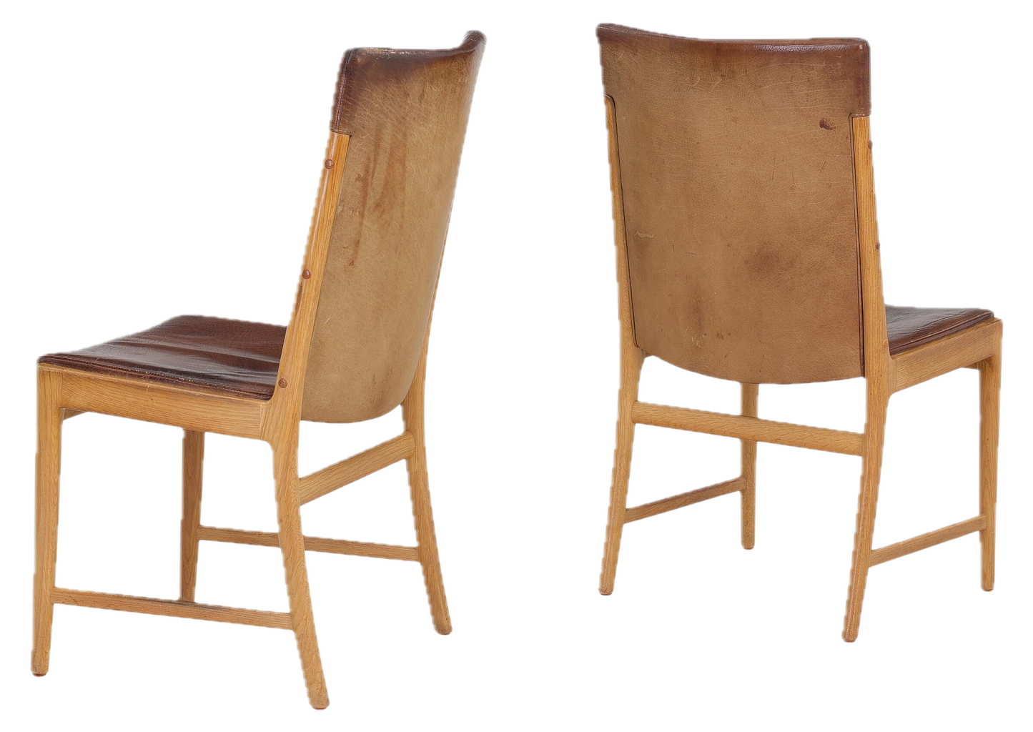 1965 Kai Lyngfeldt Larsen : cognac leather over tapered oakwood side chair, Denmark