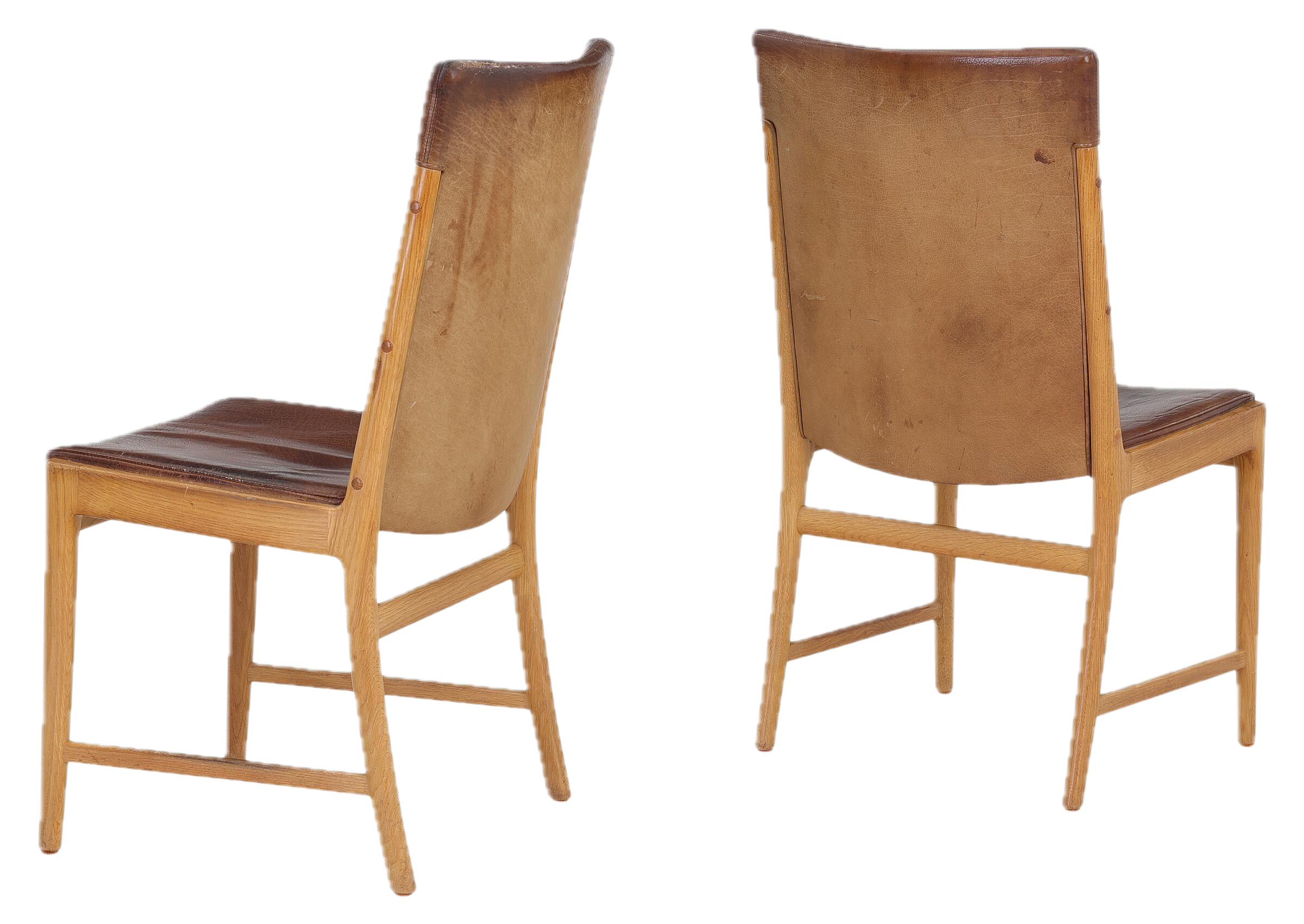 1965 Kai Lyngfeldt Larsen : cognac leather over tapered oakwood side chair, Denmark