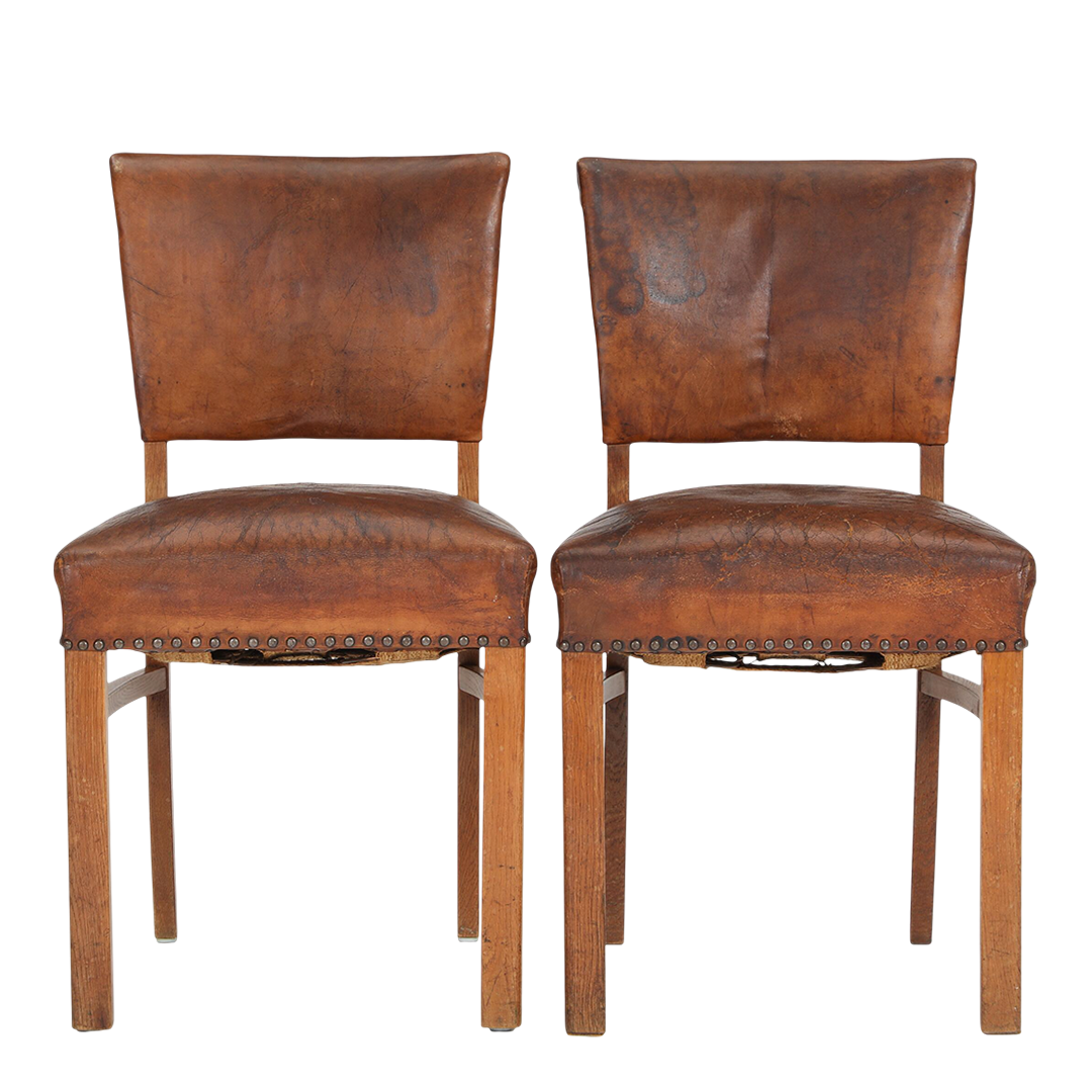 1940s Danish : solid oakwood & cognac leather side chairs
