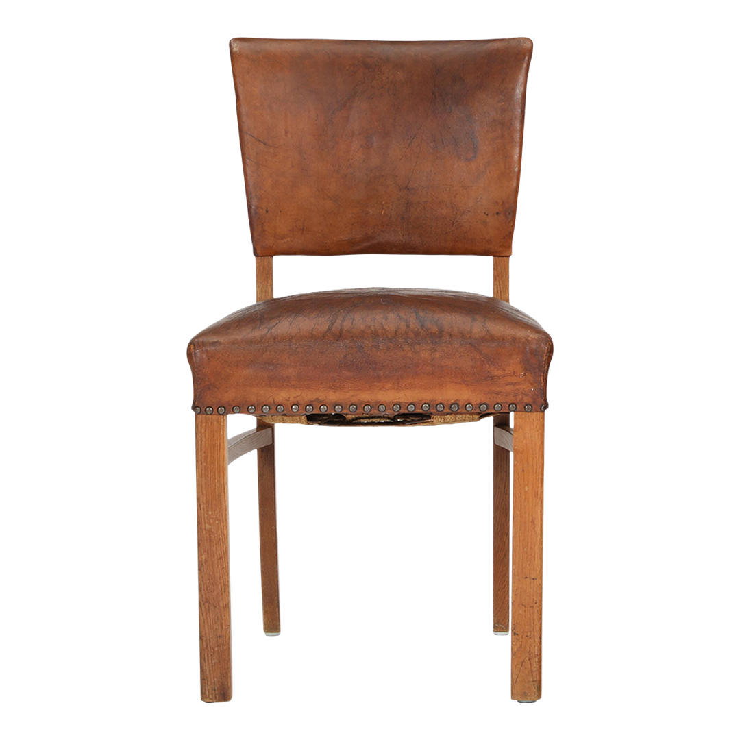 1940s Danish : solid oakwood & cognac leather side chairs