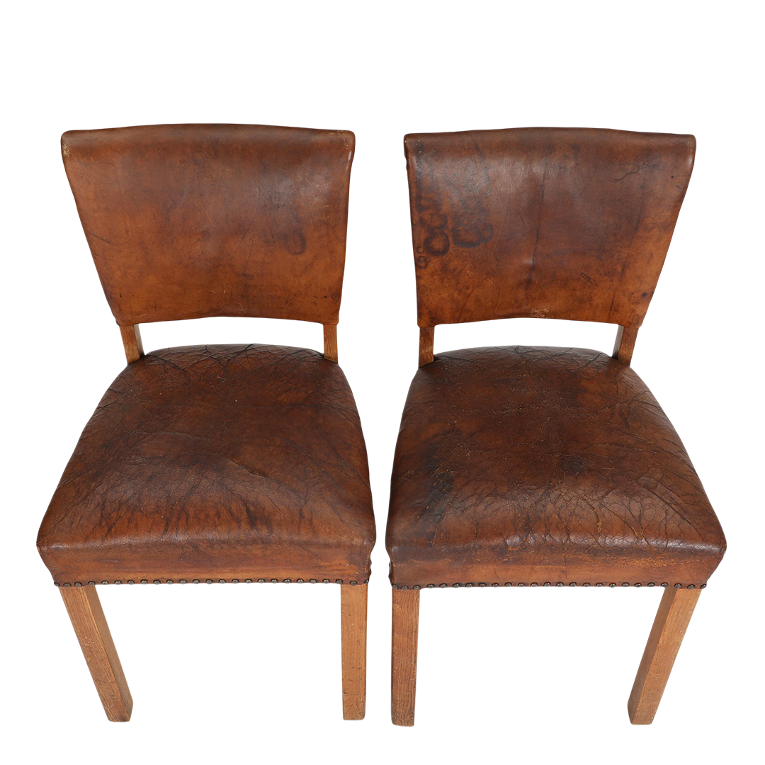 1940s Danish : solid oakwood & cognac leather side chairs