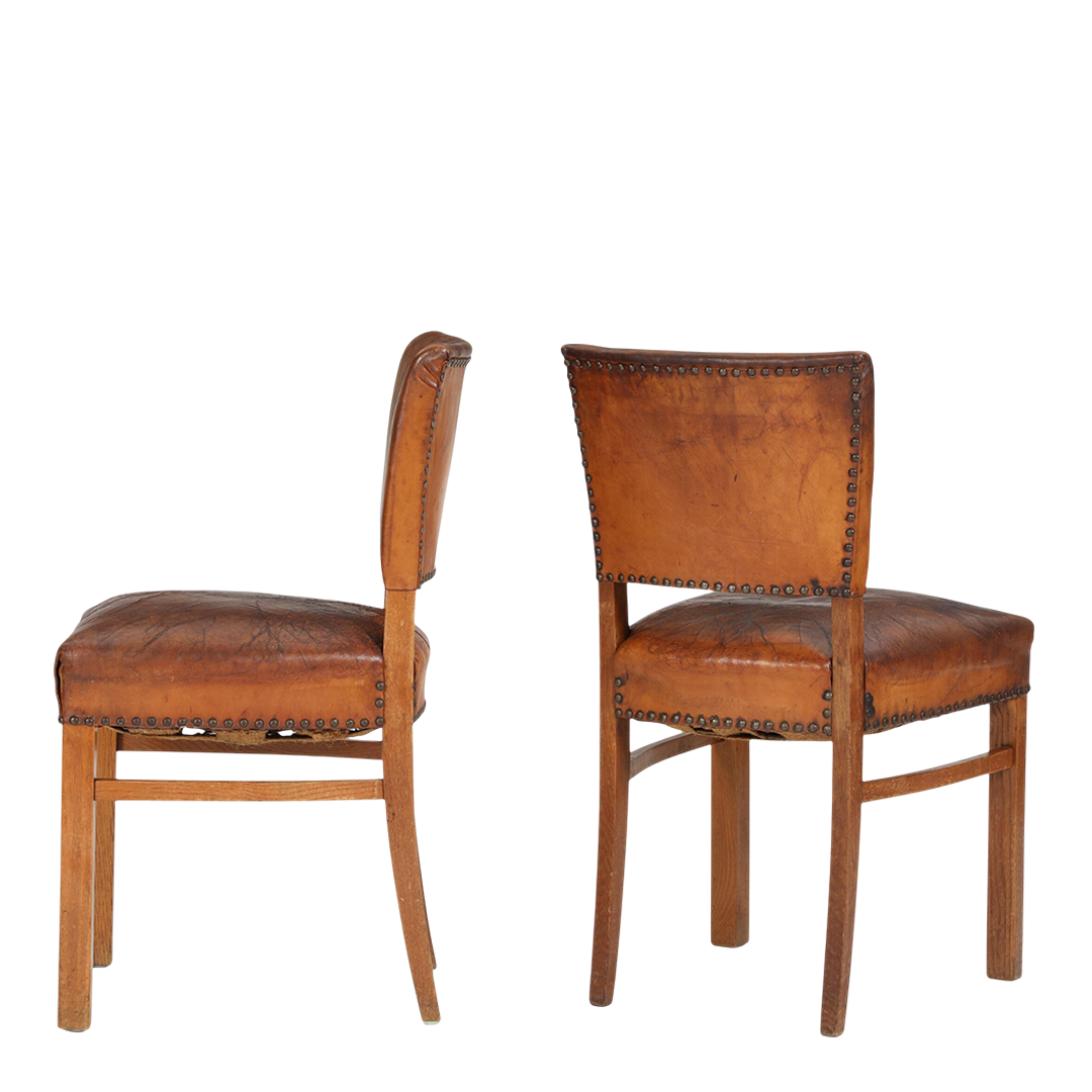 1940s Danish : solid oakwood & cognac leather side chairs