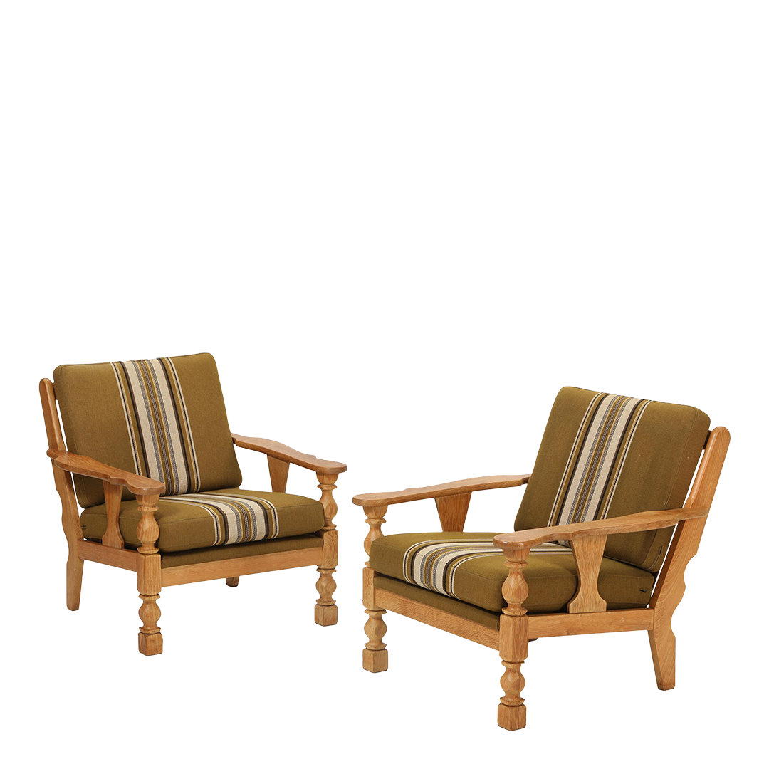 1970s Danish Design : pair country modern turned oakwood armchairs