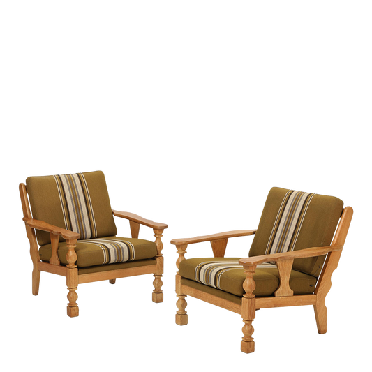1970s Danish Design : pair country modern turned oakwood armchairs