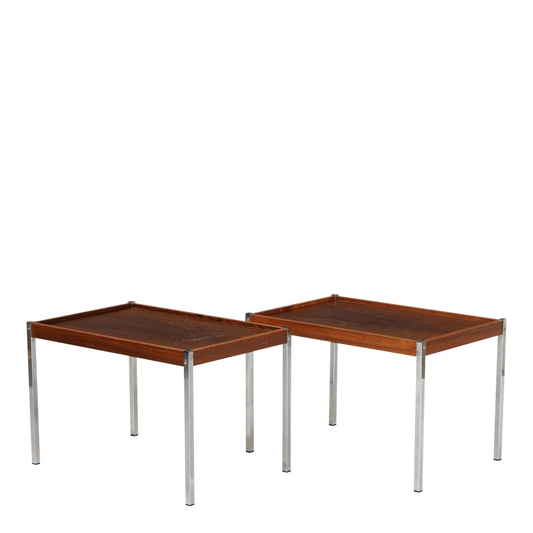 1970s Danish : pair of post modern 27" rosewood & chrome side tables