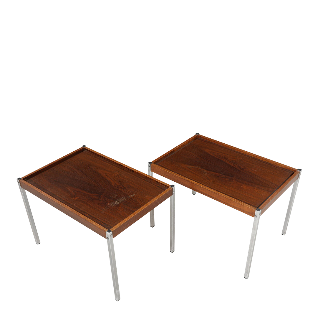 1970s Danish : pair of post modern 27" rosewood & chrome side tables
