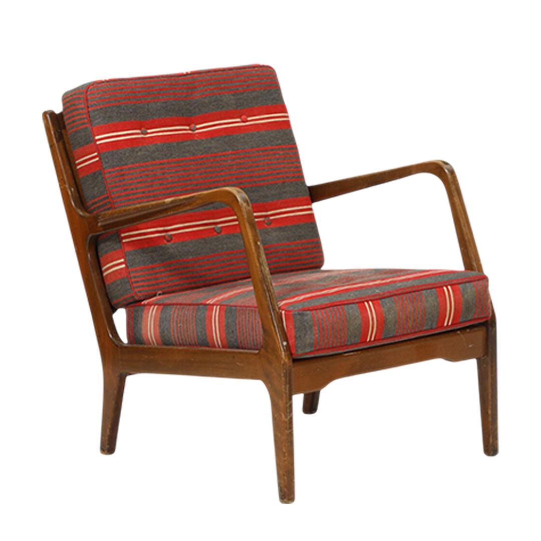 1950s Danish Design : solid beechwood armchair with red/gray striped fabric