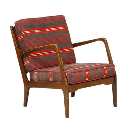 1950s Danish Design : solid beechwood armchair with red/gray striped fabric