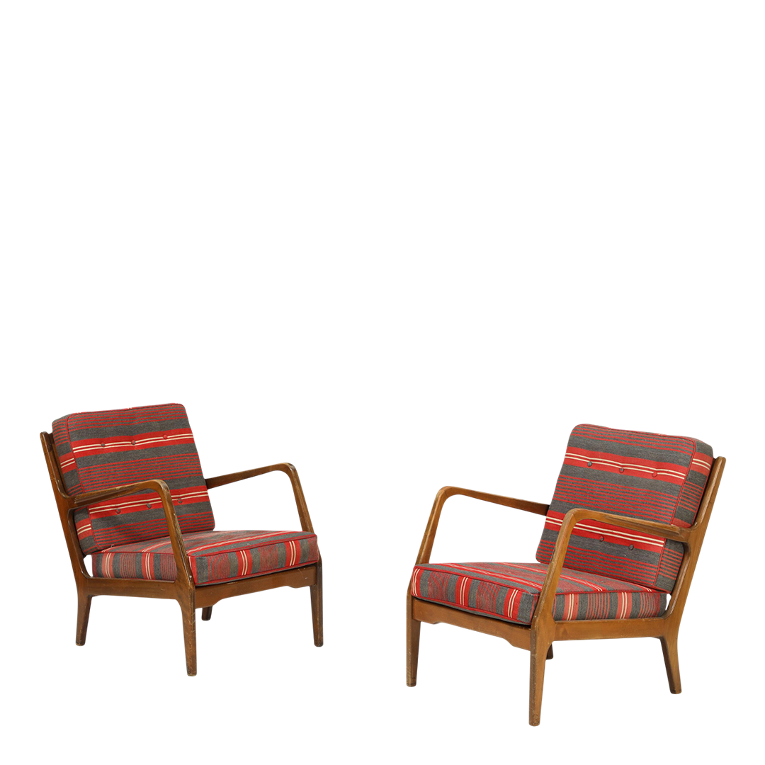 1950s Danish Design : solid beechwood armchair with red/gray striped fabric