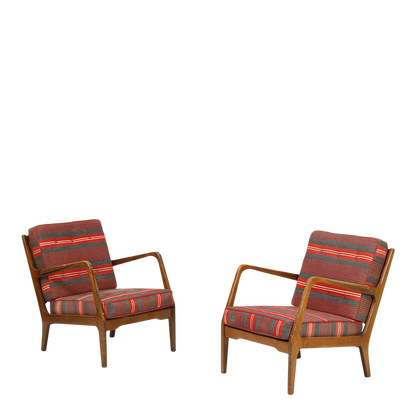 1950s Danish Design : solid beechwood armchair with red/gray striped fabric