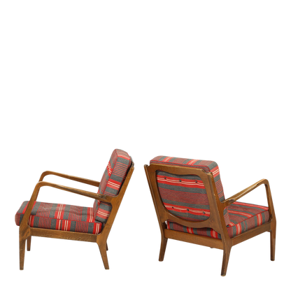 1950s Danish Design : solid beechwood armchair with red/gray striped fabric