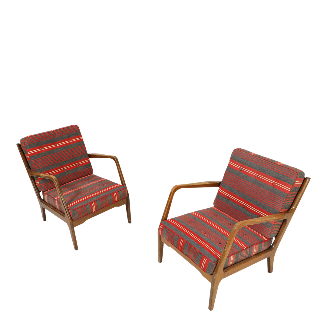 1950s Danish Design : solid beechwood armchair with red/gray striped fabric