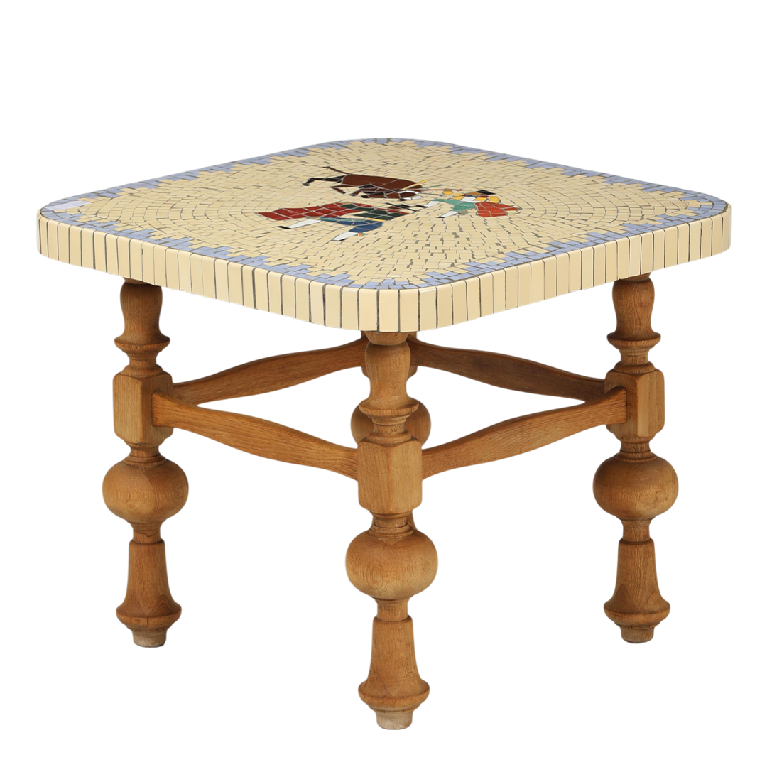 1960s Spanish : carved wood and mosaic bullfighting tile side table