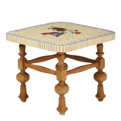 1960s Spanish : carved wood and mosaic bullfighting tile side table