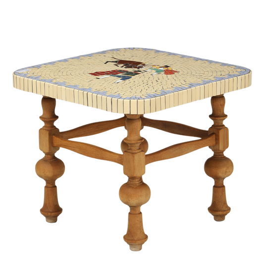 1960s Spanish : carved wood and mosaic bullfighting tile side table