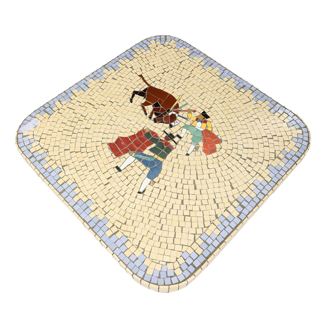 1960s Spanish : carved wood and mosaic bullfighting tile side table