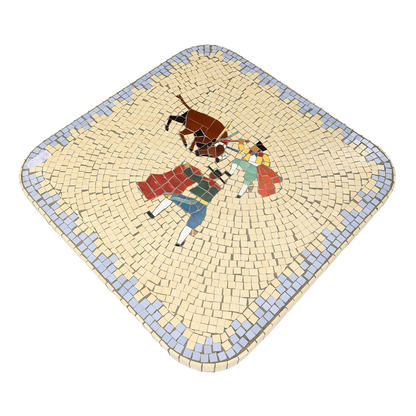 1960s Spanish : carved wood and mosaic bullfighting tile side table
