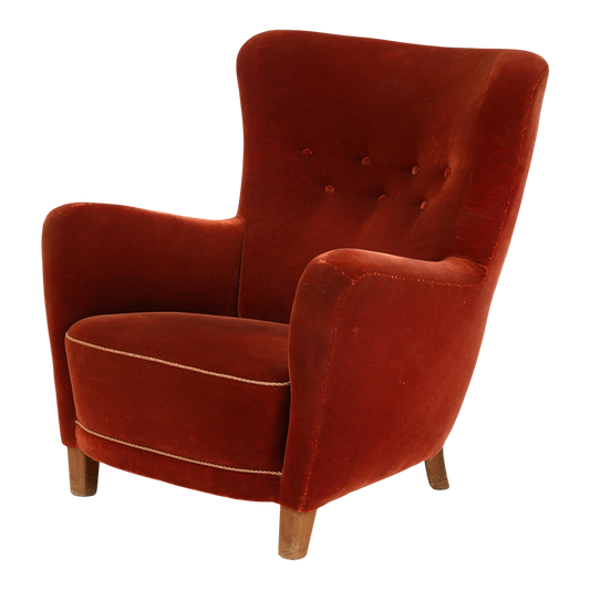 1940s Danish : classic easy chair in red/orange mohair