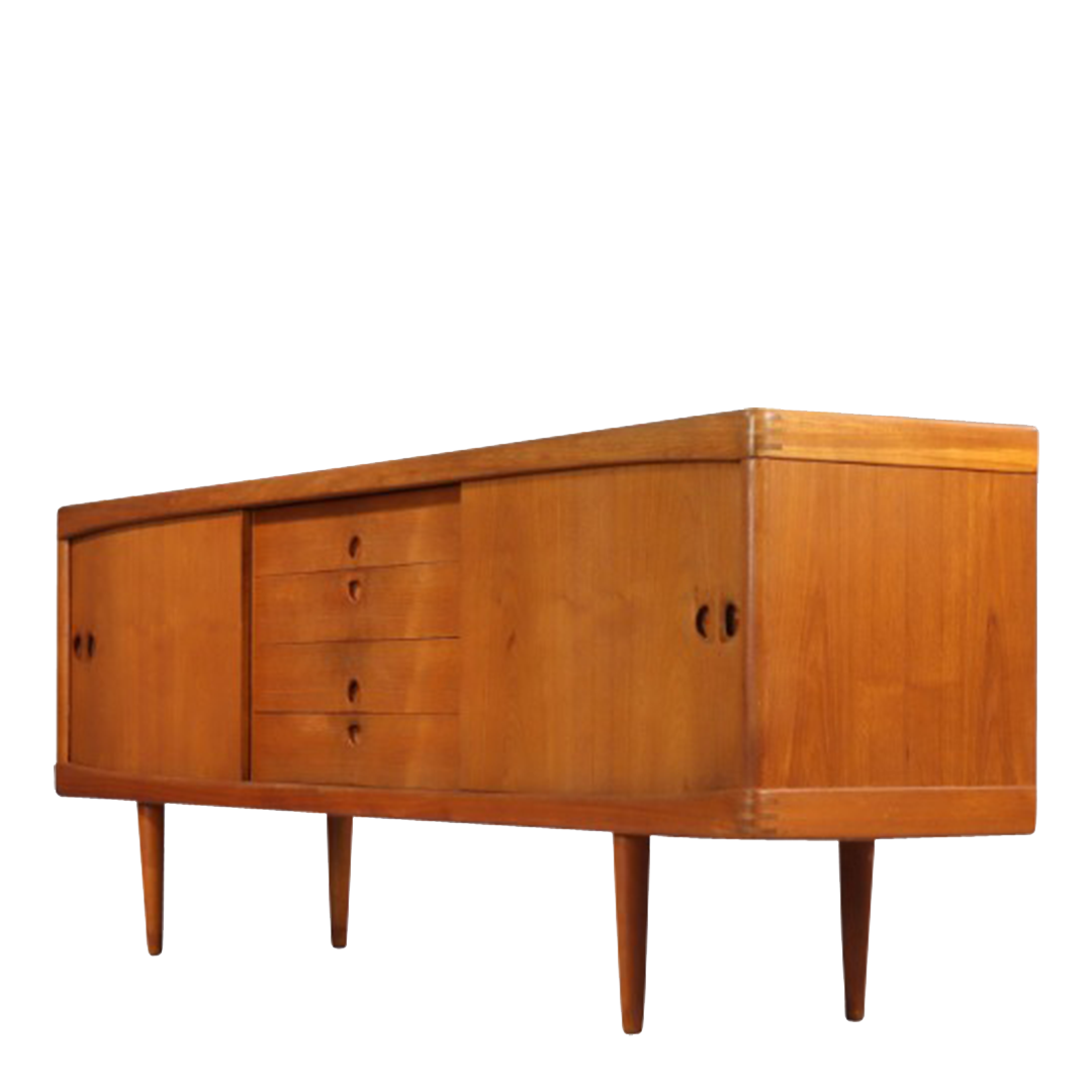 1950s H.W. Klein : 89" teakwood sideboard w/sliding doors