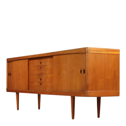 1950s H.W. Klein : 89" teakwood sideboard w/sliding doors