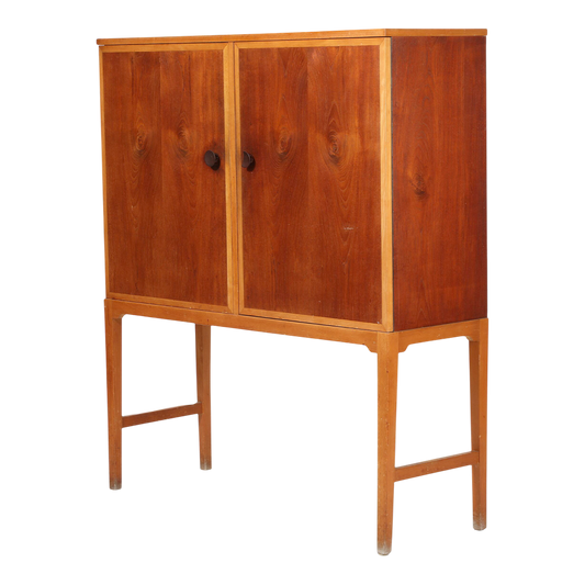 1960s Verner Birksholm : beech & teak 55" tall cabinet on stand