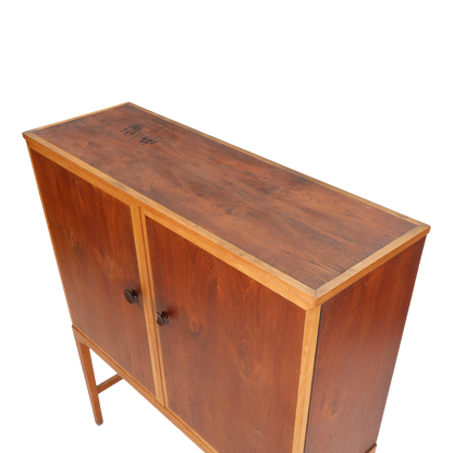 1960s Verner Birksholm : beech & teak 55" tall cabinet on stand