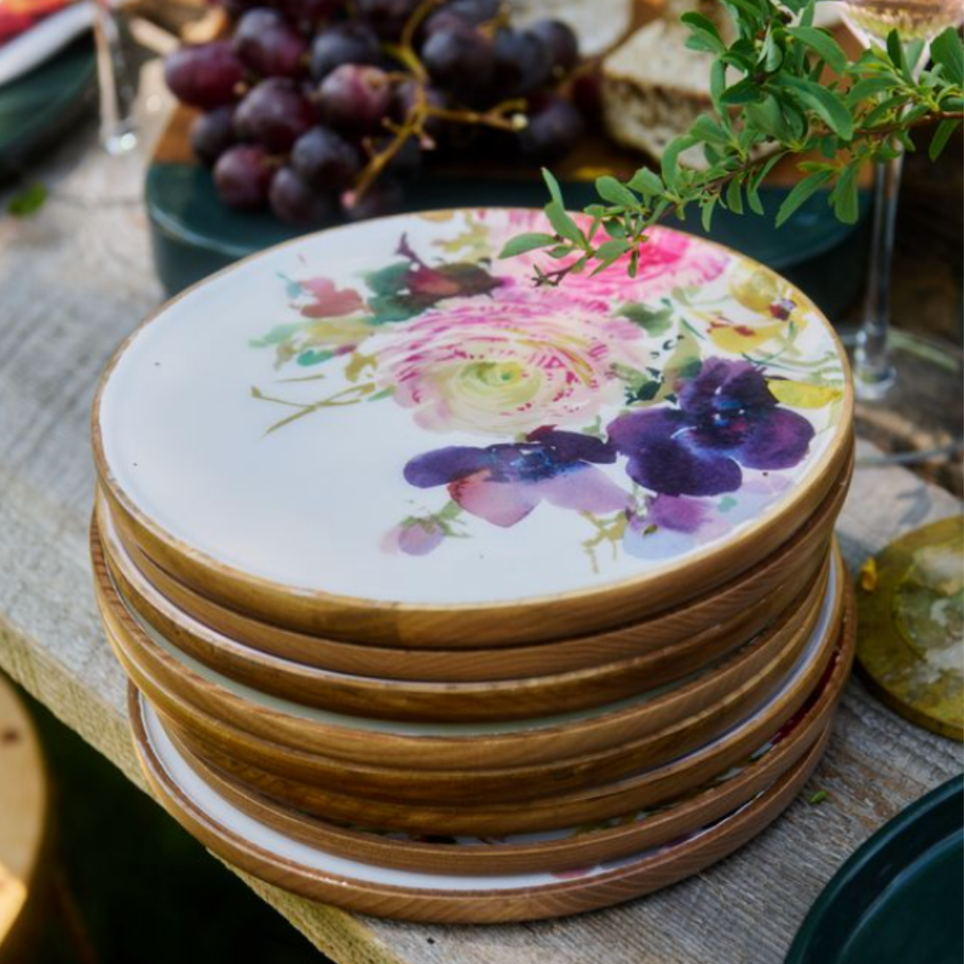 FINCH x Helen Dealtry : Garden Floral Plate Set (4), wood & enamel