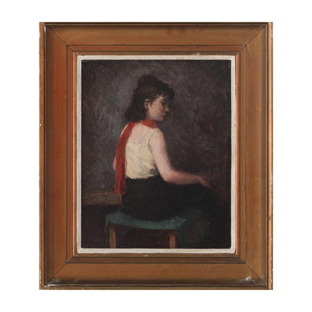 Helge Helme : interior scene w/woman and red scarf
