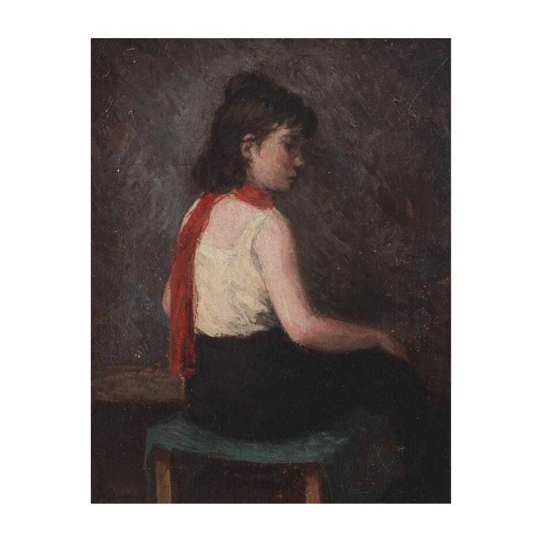 Helge Helme : interior scene w/woman and red scarf