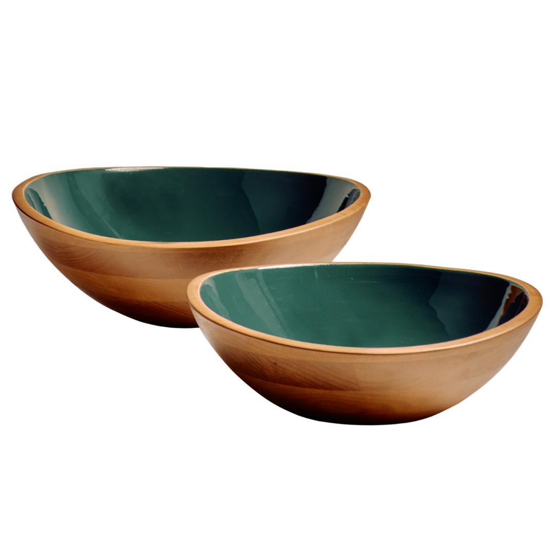 FINCH Tabletop : Large ash wood & enamel serving bowl set (2)