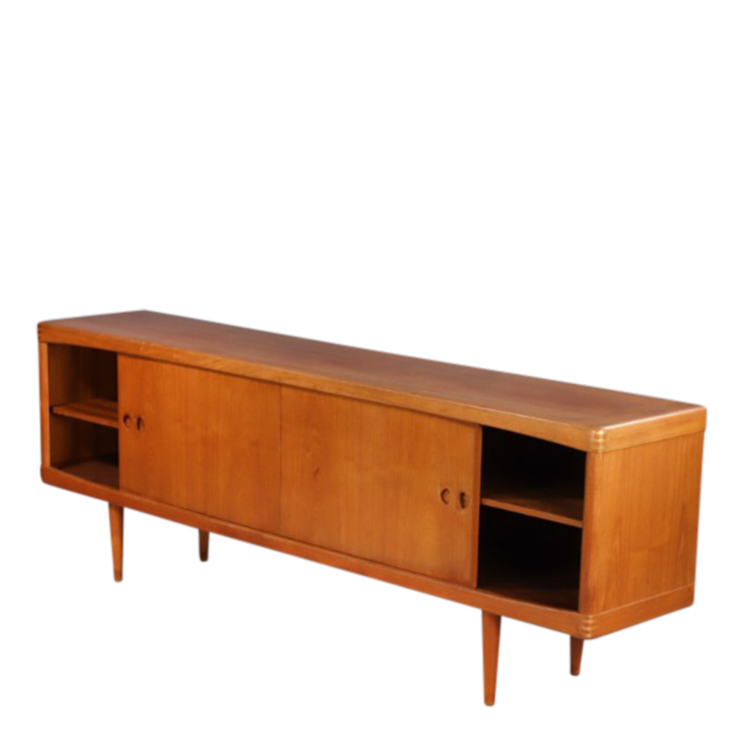 1950s H.W. Klein : 89" teakwood sideboard w/sliding doors