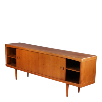 1950s H.W. Klein : 89" teakwood sideboard w/sliding doors